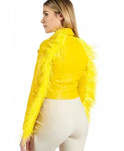 Donna D'Arienzo Alice - Giacca corta in pelle naturale gialla stile chiodo con piume