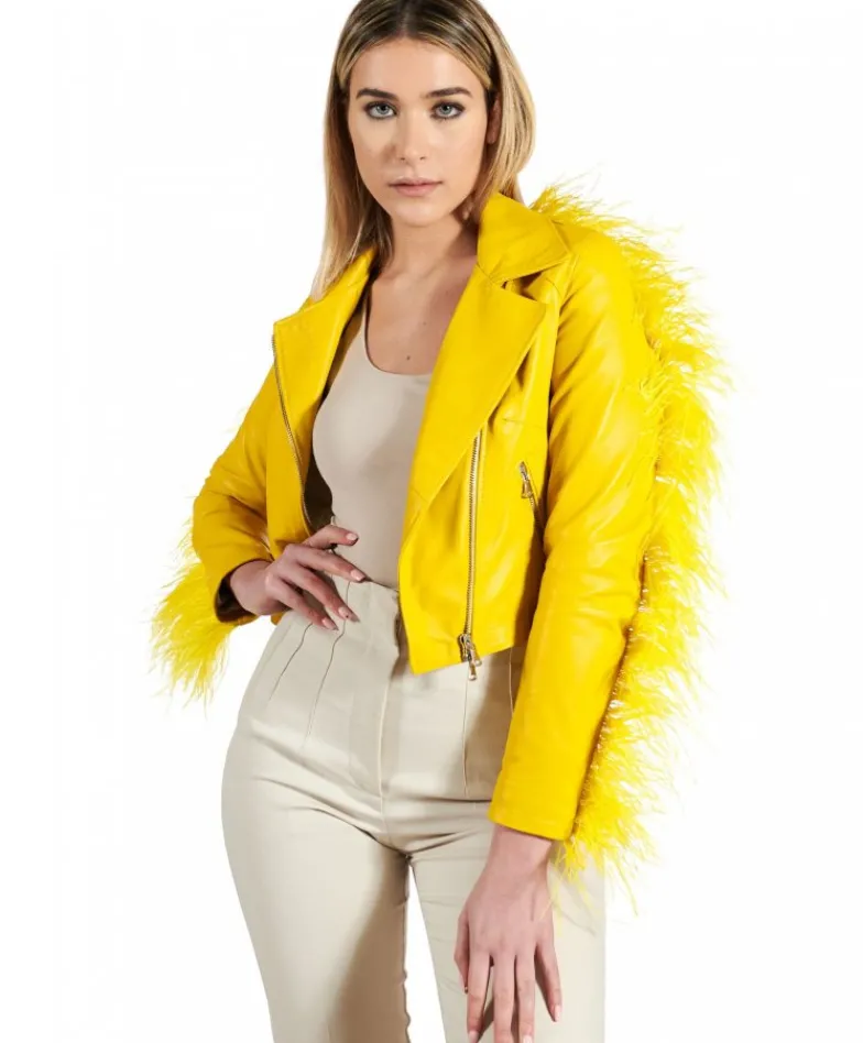 Donna D'Arienzo Alice - Giacca corta in pelle naturale gialla stile chiodo con piume
