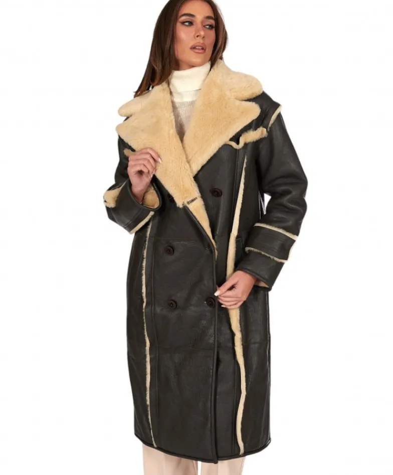 Donna D'Arienzo Alix - Cappotto in montone testa di moro doppiopetto effetto vintage