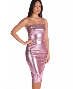 Donna D'Arienzo Amelia - Vestito rosa a tubino effetto pelle laminata media lunghezza