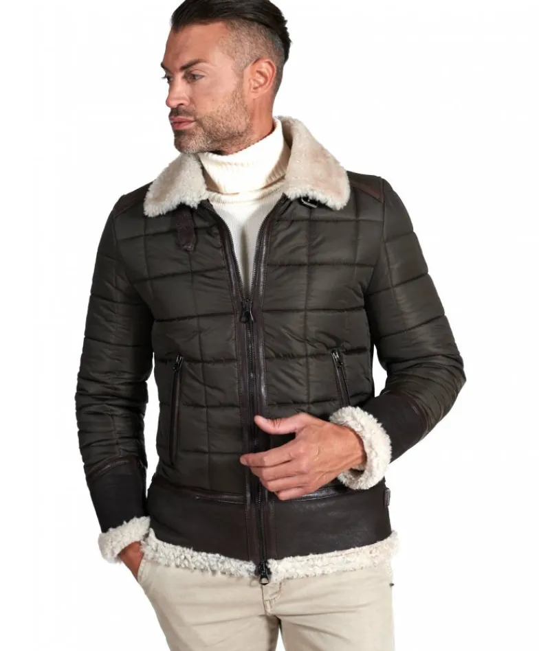 Uomo D'Arienzo Andrew - Piumino trapuntato verde profili pelle e shearling testa di moro