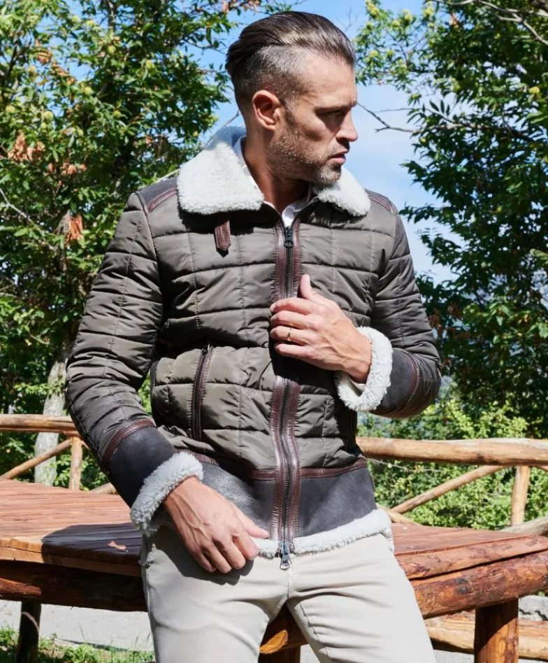 Uomo D'Arienzo Andrew - Piumino trapuntato verde profili pelle e shearling testa di moro