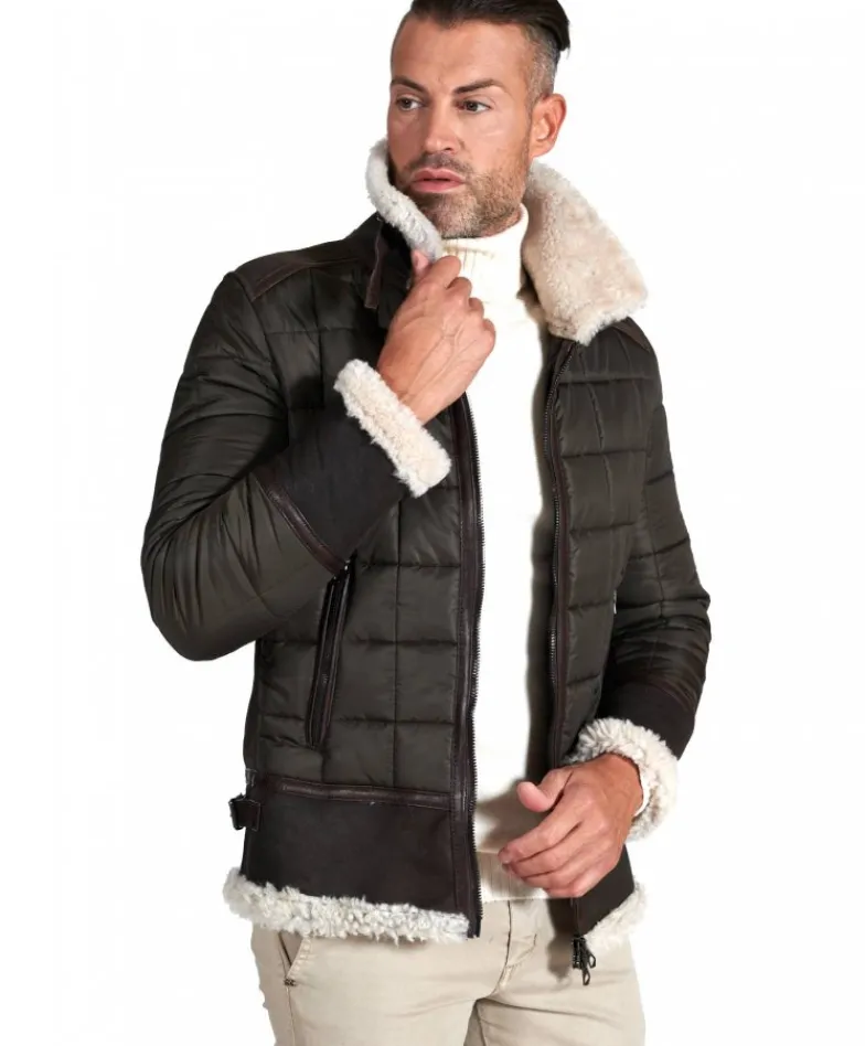 Uomo D'Arienzo Andrew - Piumino trapuntato verde profili pelle e shearling testa di moro
