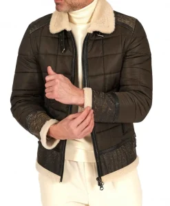 Uomo D'Arienzo Andrew - Piumino trapuntato verde profili pelle e shearling testa di moro
