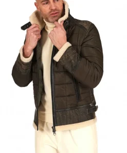 Uomo D'Arienzo Andrew - Piumino trapuntato verde profili pelle e shearling testa di moro