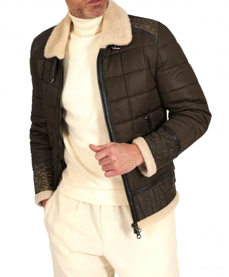 Uomo D'Arienzo Andrew - Piumino trapuntato verde profili pelle e shearling testa di moro