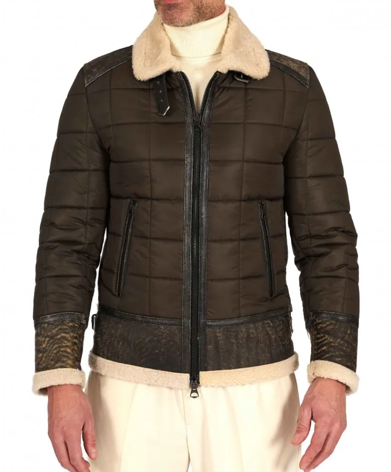Uomo D'Arienzo Andrew - Piumino trapuntato verde profili pelle e shearling testa di moro