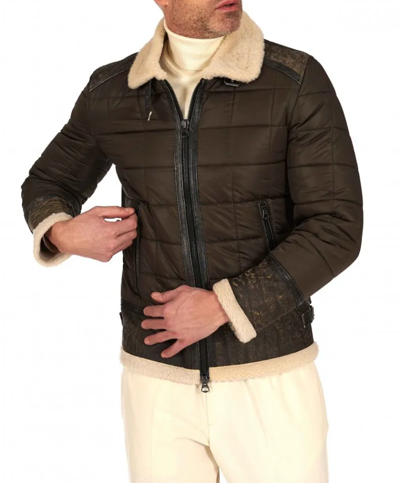 Uomo D'Arienzo Andrew - Piumino trapuntato verde profili pelle e shearling testa di moro