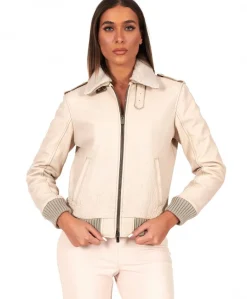 Donna D'Arienzo Antea - Bomber aviator in pelle raggrinzita color crema collo montone