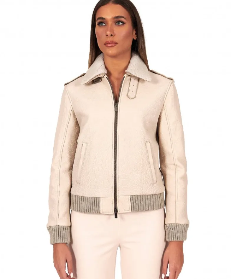 Donna D'Arienzo Antea - Bomber aviator in pelle raggrinzita color crema collo montone