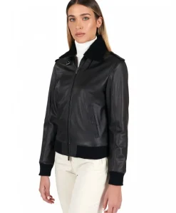 Donna D'Arienzo Antea - Bomber aviator in pelle nera effetto liscio