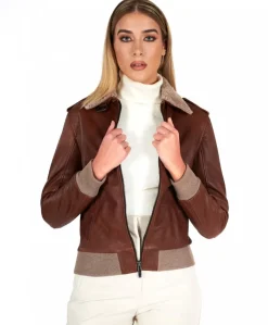 Donna D'Arienzo Antea - Bomber aviator in pelle color cuoio effetto vintage