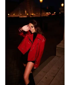 Donna D'Arienzo Arah - Chiodo oversize in pelle rossa laminata versione corta