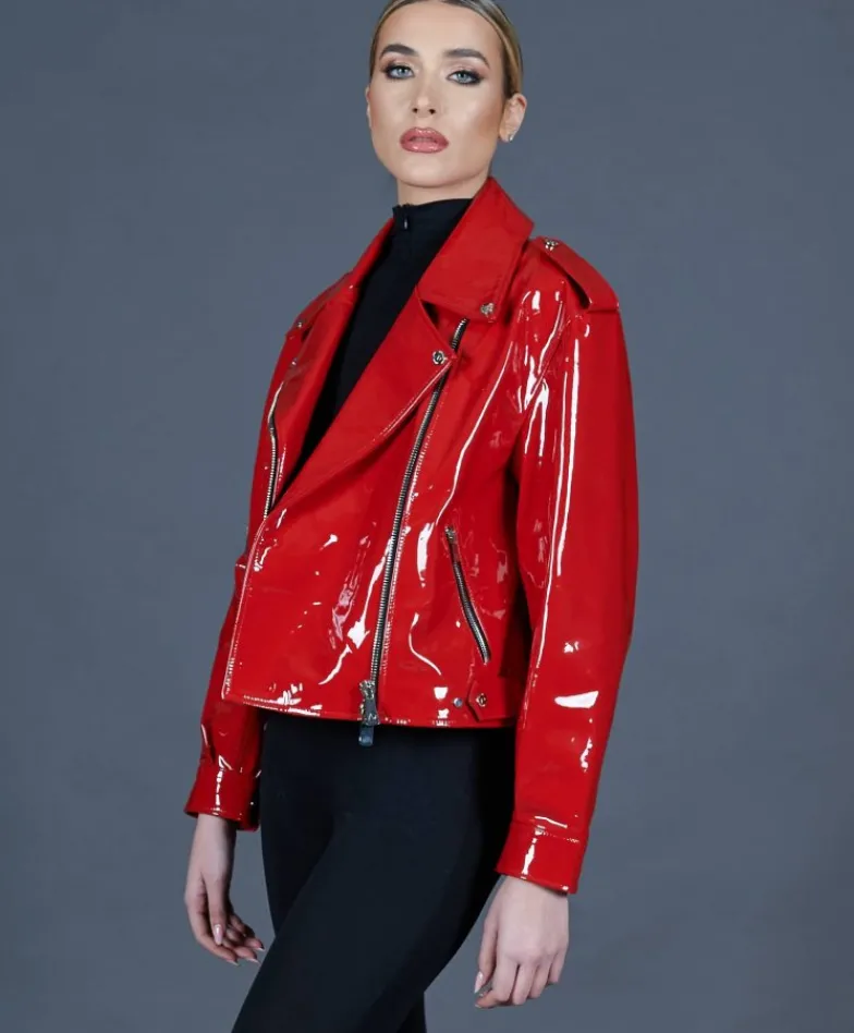 Donna D'Arienzo Arah - Chiodo oversize in pelle rossa laminata versione corta