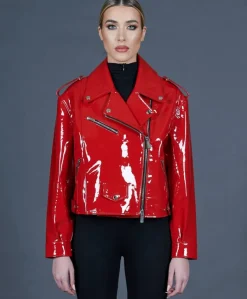 Donna D'Arienzo Arah - Chiodo oversize in pelle rossa laminata versione corta