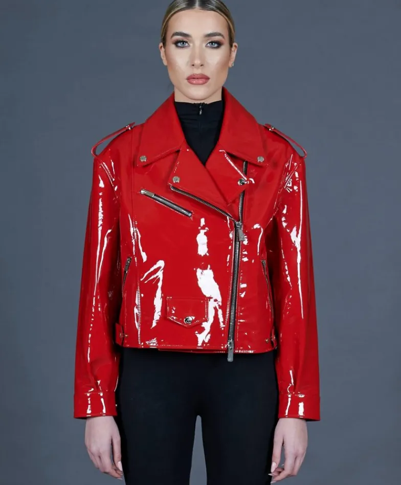 Donna D'Arienzo Arah - Chiodo oversize in pelle rossa laminata versione corta