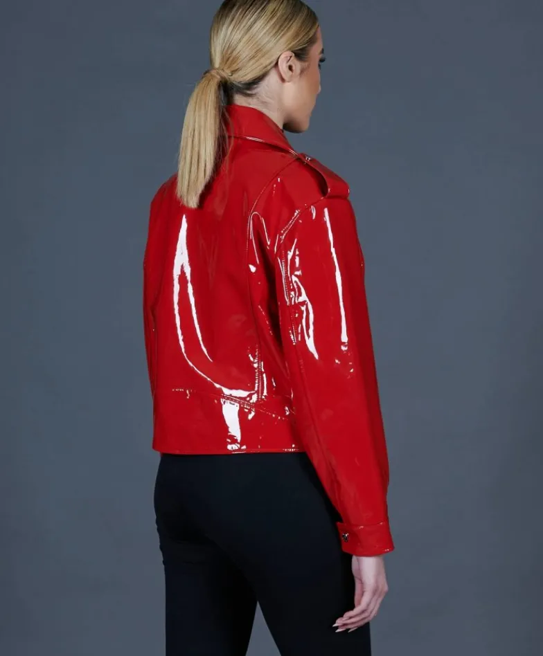 Donna D'Arienzo Arah - Chiodo oversize in pelle rossa laminata versione corta