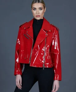 Donna D'Arienzo Arah - Chiodo oversize in pelle rossa laminata versione corta