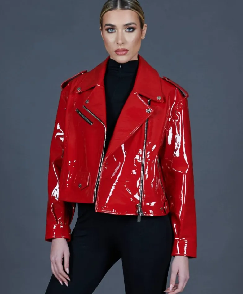 Donna D'Arienzo Arah - Chiodo oversize in pelle rossa laminata versione corta