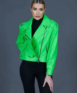 Donna D'Arienzo Arah - Chiodo oversize in pelle verde fluo versione corta