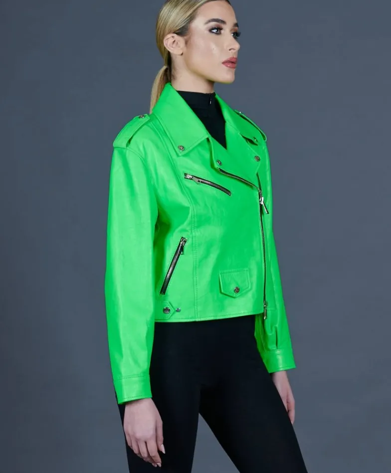 Donna D'Arienzo Arah - Chiodo oversize in pelle verde fluo versione corta
