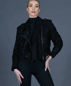 Donna D'Arienzo Arah - Chiodo oversize in pelle scamosciata nera con cristalli