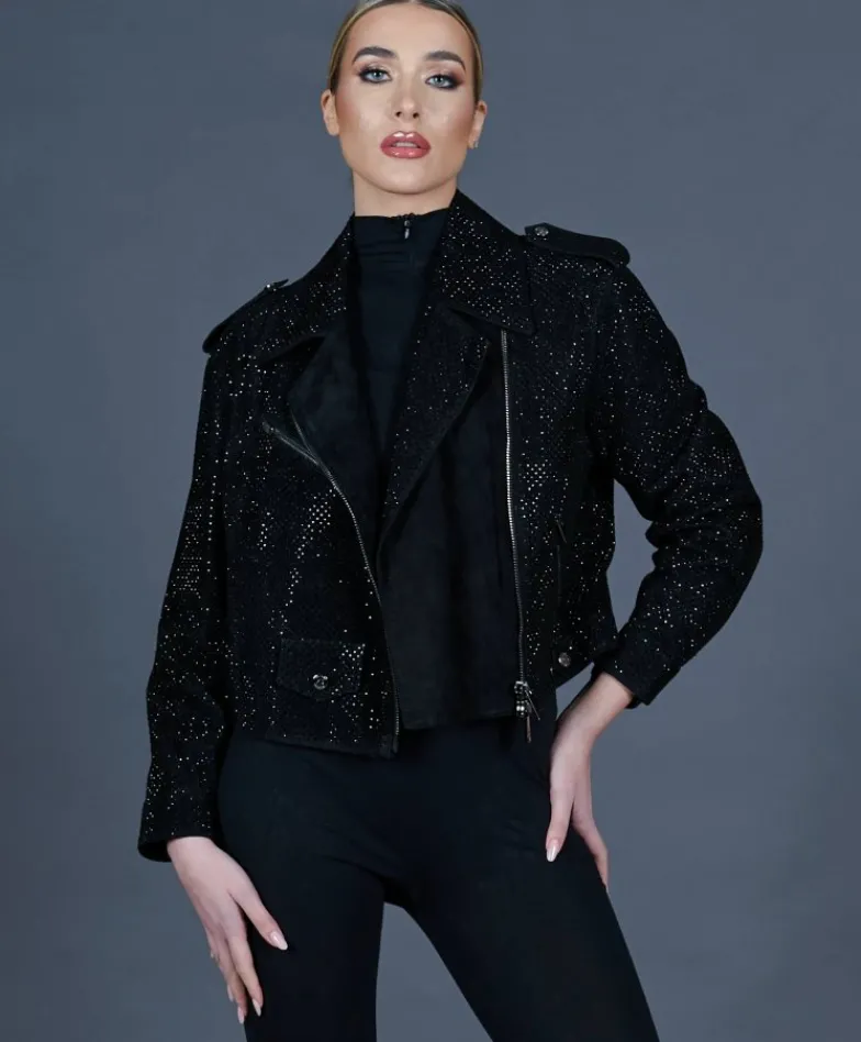Donna D'Arienzo Arah - Chiodo oversize in pelle scamosciata nera con cristalli