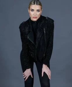 Donna D'Arienzo Arah - Chiodo oversize in pelle scamosciata nera con cristalli