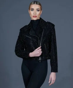 Donna D'Arienzo Arah - Chiodo oversize in pelle scamosciata nera con cristalli