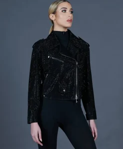 Donna D'Arienzo Arah - Chiodo oversize in pelle scamosciata nera con cristalli