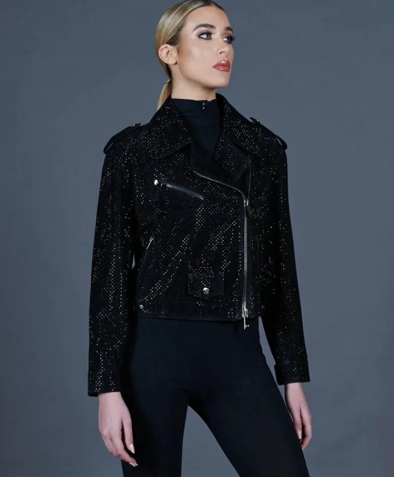 Donna D'Arienzo Arah - Chiodo oversize in pelle scamosciata nera con cristalli
