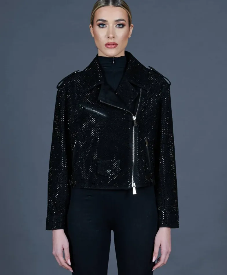 Donna D'Arienzo Arah - Chiodo oversize in pelle scamosciata nera con cristalli