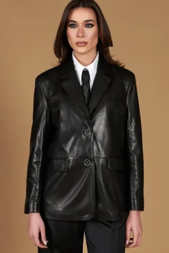 Donna D'Arienzo Aurora - Giacca monopetto in pelle nera con bottoni effetto liscio