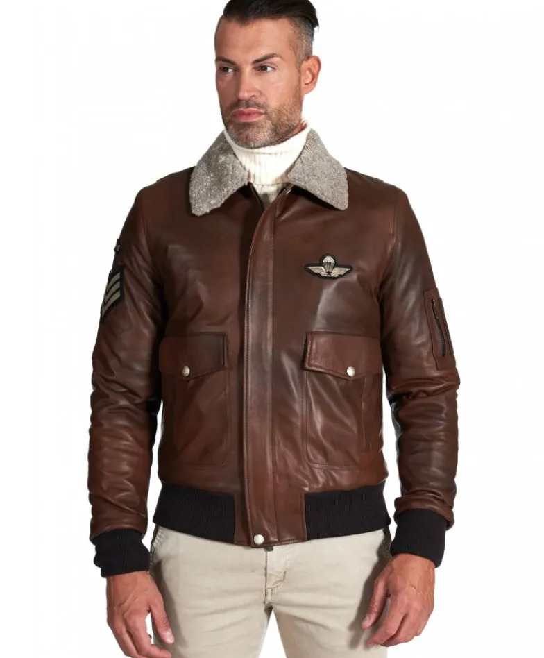 Uomo D'Arienzo Aviator - Giubbotto aviatore in pelle marrone collo montone