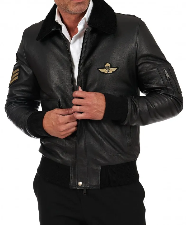 Uomo D'Arienzo Aviator - Giubbotto aviatore in pelle raggrinzita nera collo montone