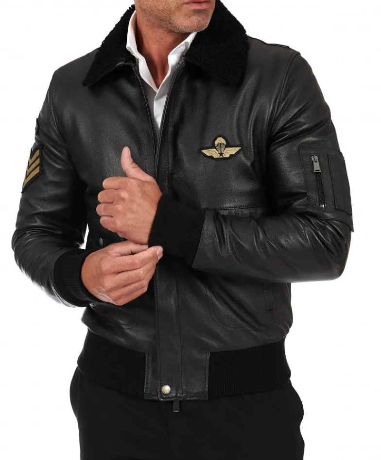 Uomo D'Arienzo Aviator - Giubbotto aviatore in pelle raggrinzita nera collo montone