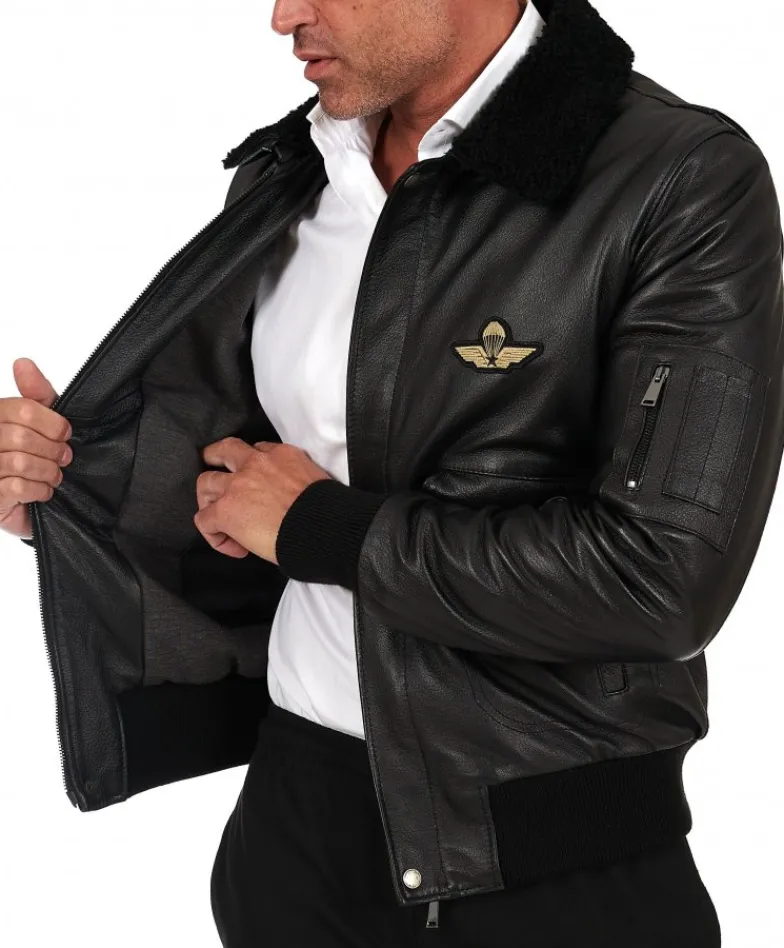 Uomo D'Arienzo Aviator - Giubbotto aviatore in pelle raggrinzita nera collo montone