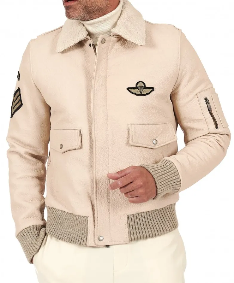 Uomo D'Arienzo Aviator - Giubbotto aviatore in pelle raggrinzita color crema collo montone