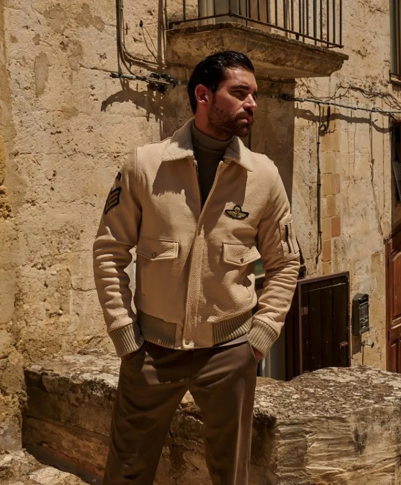 Uomo D'Arienzo Aviator - Giubbotto aviatore in pelle raggrinzita color crema collo montone