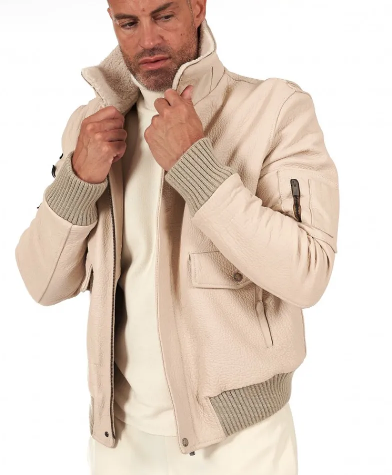 Uomo D'Arienzo Aviator - Giubbotto aviatore in pelle raggrinzita color crema collo montone