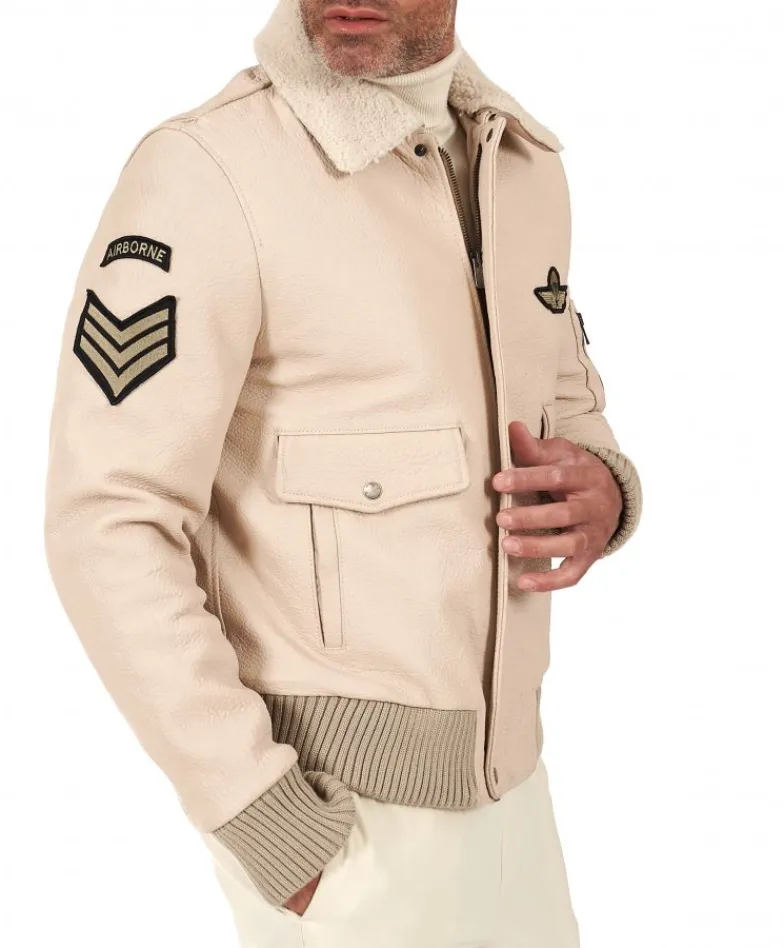 Uomo D'Arienzo Aviator - Giubbotto aviatore in pelle raggrinzita color crema collo montone