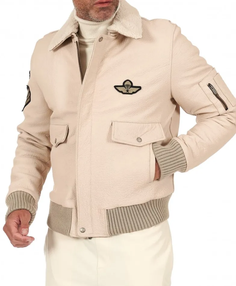 Uomo D'Arienzo Aviator - Giubbotto aviatore in pelle raggrinzita color crema collo montone