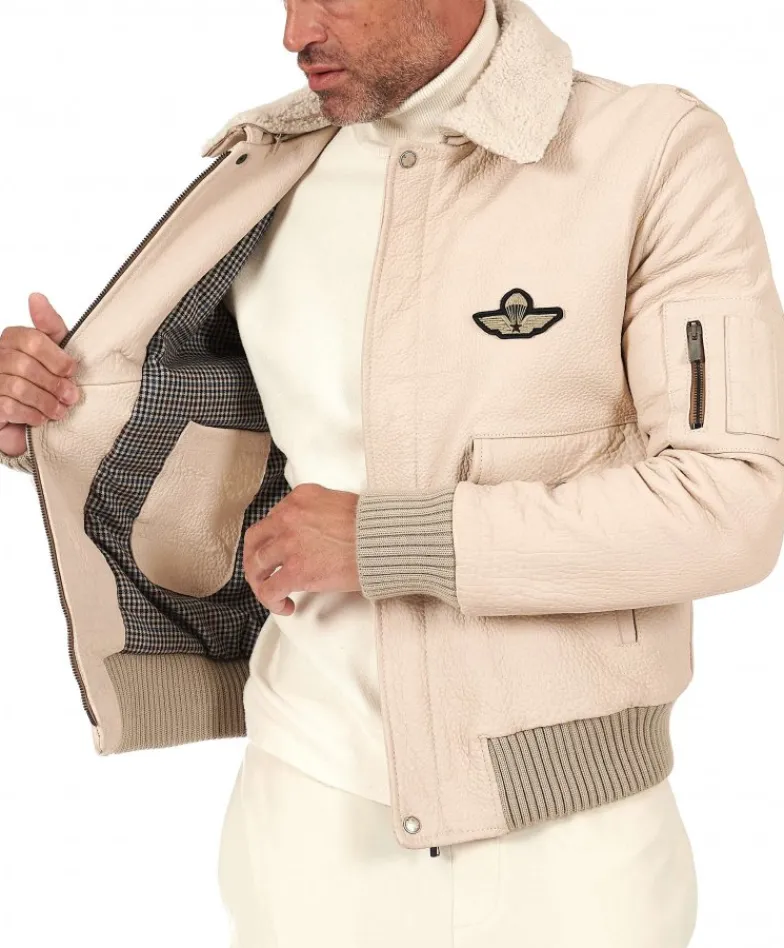 Uomo D'Arienzo Aviator - Giubbotto aviatore in pelle raggrinzita color crema collo montone