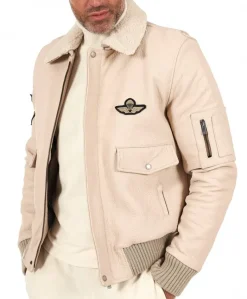 Uomo D'Arienzo Aviator - Giubbotto aviatore in pelle raggrinzita color crema collo montone