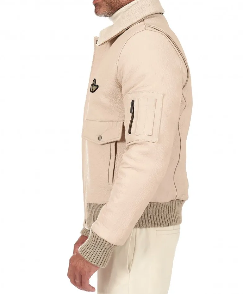 Uomo D'Arienzo Aviator - Giubbotto aviatore in pelle raggrinzita color crema collo montone