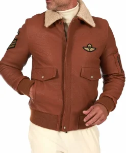 Uomo D'Arienzo Aviator - Giubbotto aviatore in pelle raggrinzita color cuoio collo montone