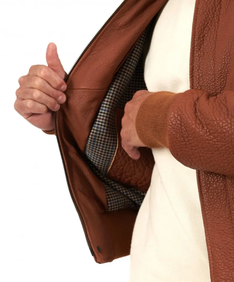 Uomo D'Arienzo Aviator - Giubbotto aviatore in pelle raggrinzita color cuoio collo montone