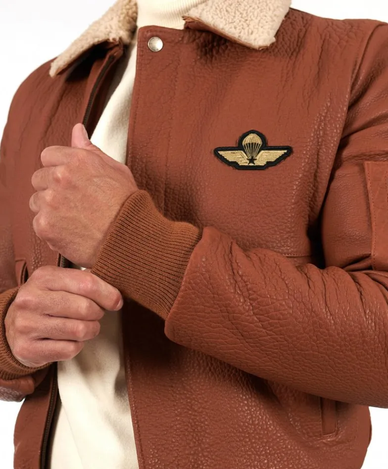 Uomo D'Arienzo Aviator - Giubbotto aviatore in pelle raggrinzita color cuoio collo montone
