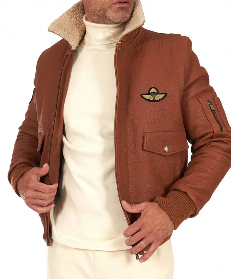 Uomo D'Arienzo Aviator - Giubbotto aviatore in pelle raggrinzita color cuoio collo montone