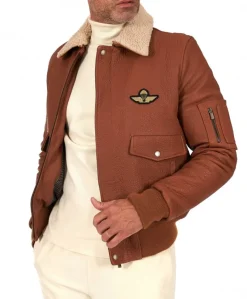 Uomo D'Arienzo Aviator - Giubbotto aviatore in pelle raggrinzita color cuoio collo montone